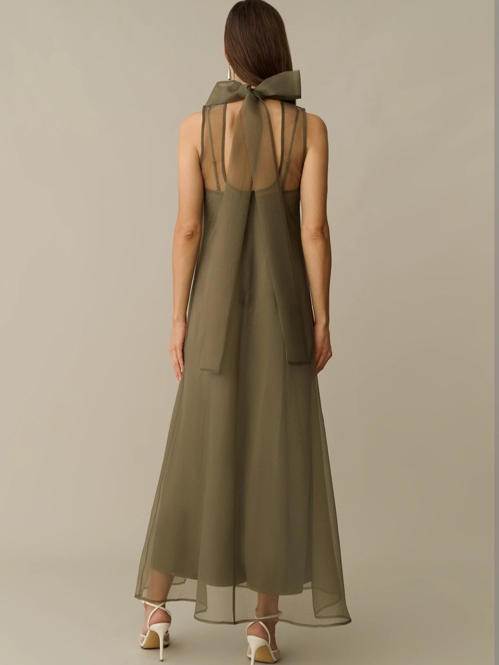 Olive Green Maxi Dress with Sheer Neckline - Picture 2 of 10